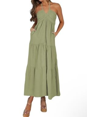 Women's Sage Green Halter Tiered Vacation Maxi Dress with Pockets, Size XS